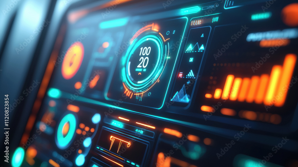 Obraz premium Futuristic digital dashboard with vibrant neon colors and data displays