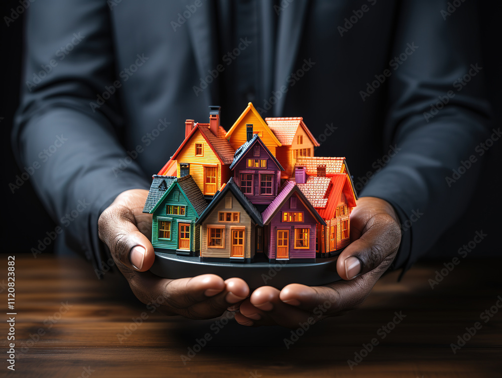 Male hand with house model for managing money, savings, and family home investment Male hand with house model for managing money, savings, and family home investment