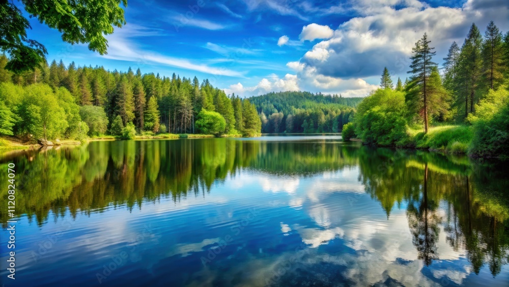 Fototapeta premium Tranquil landscape featuring a serene lake surrounded by lush forest , Nature, tranquil, calm, peaceful, quiet, corner, lake