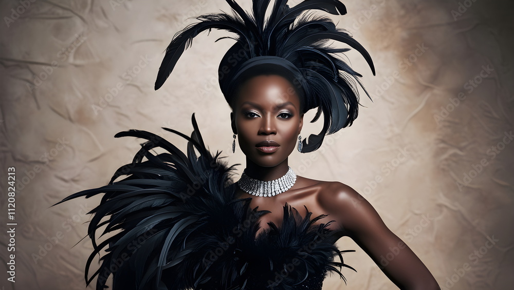 Fototapeta premium Black Elegance: Sophisticated Fashion with Feather Details