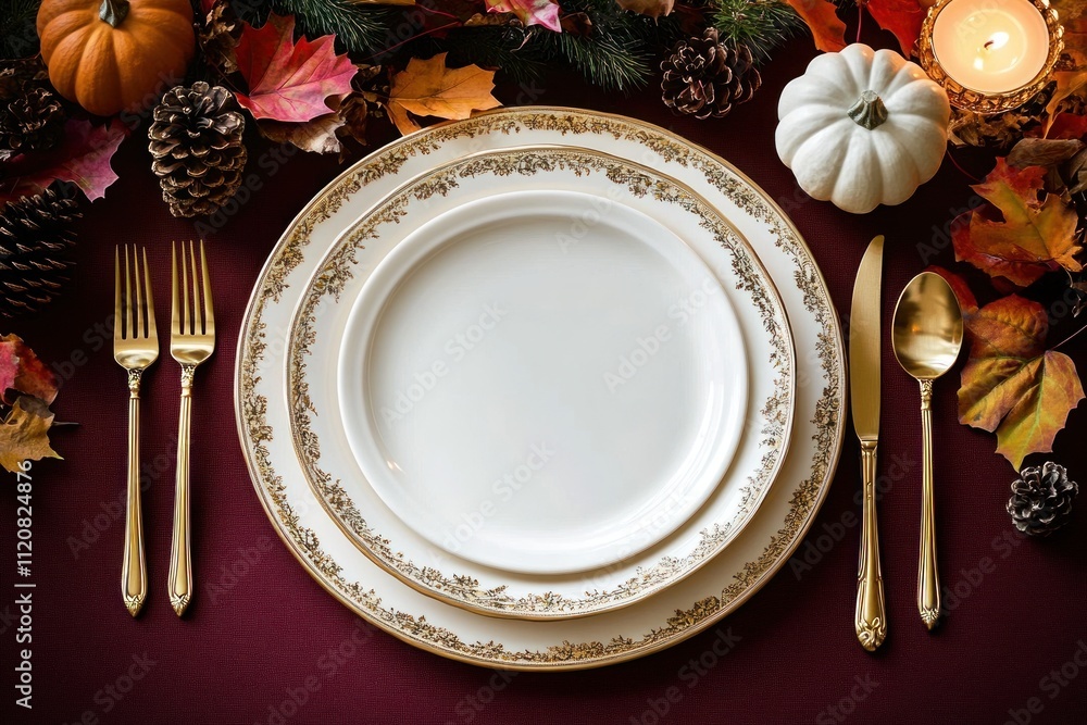 Autumn table setting with elegant white plates and gold cutlery featuring pumpkins, acorns, and fall leaves for a cozy Thanksgiving dinner Autumn table setting with elegant white plates and gold cutlery featuring pumpkins, acorns, and fall leaves for a cozy Thanksgiving dinner