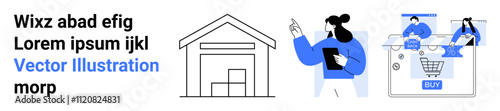 Warehouse icon, person holding checklist, and characters shopping online. Ideal for logistics, e-commerce, inventory management, business operations, marketing, technology and customer service