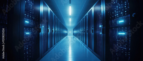 futuristic data center with illuminated server racks and blue lighting creates high tech atmosphere