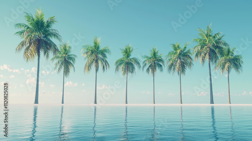 Idyllic ocean view featuring row of tropical palm trees against serene sky. tranquil scene evokes sense of peace and relaxation