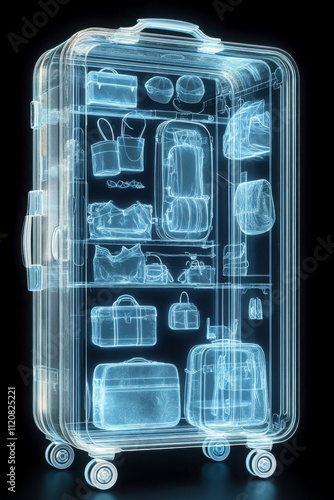 Transparent suitcase showcasing organized travel essentials within. photo