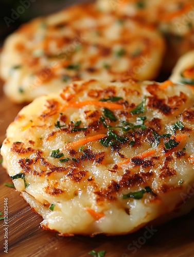 Close-up of Crispy Potato Pancakes with Carrot and Parsley. photo