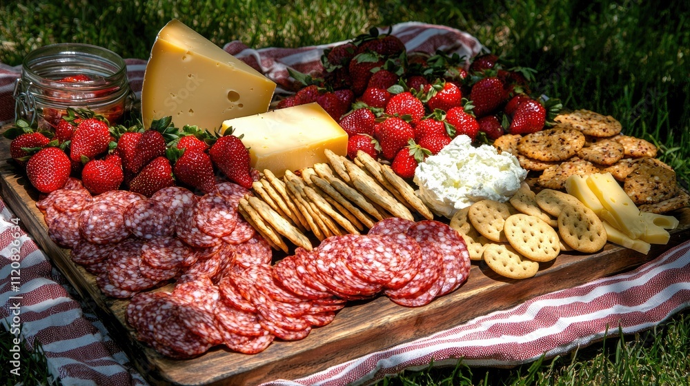 Professional image of a pecking board with warm light. On the table you can see cookies with cream cheese, breaded potato chips, strawberries, cheese Professional image of a pecking board with warm light. On the table you can see cookies with cream cheese, breaded potato chips, strawberries, cheese