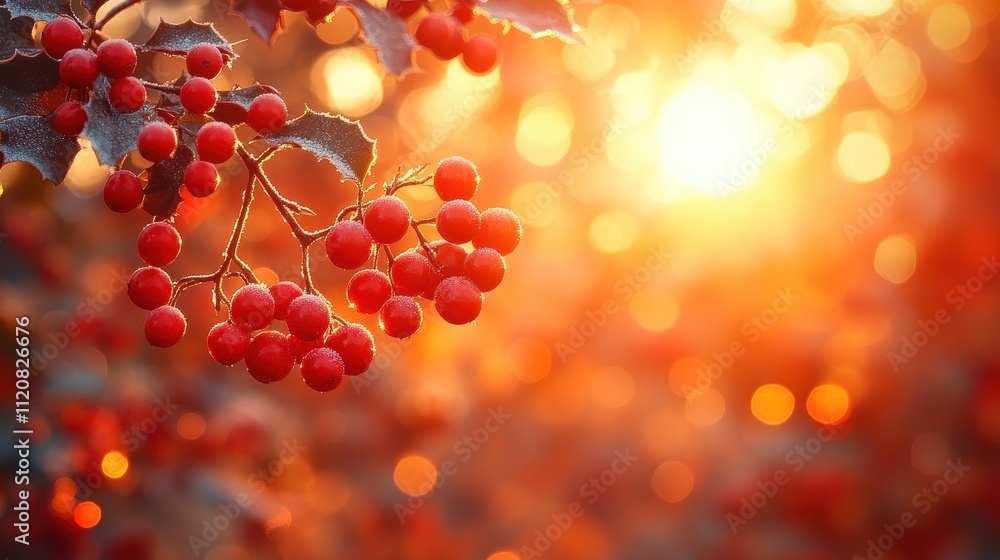 Bright Red Berries on a Branch Against a Warm Sunset Background with Glowing Bokeh Lights Bright Red Berries on a Branch Against a Warm Sunset Background with Glowing Bokeh Lights
