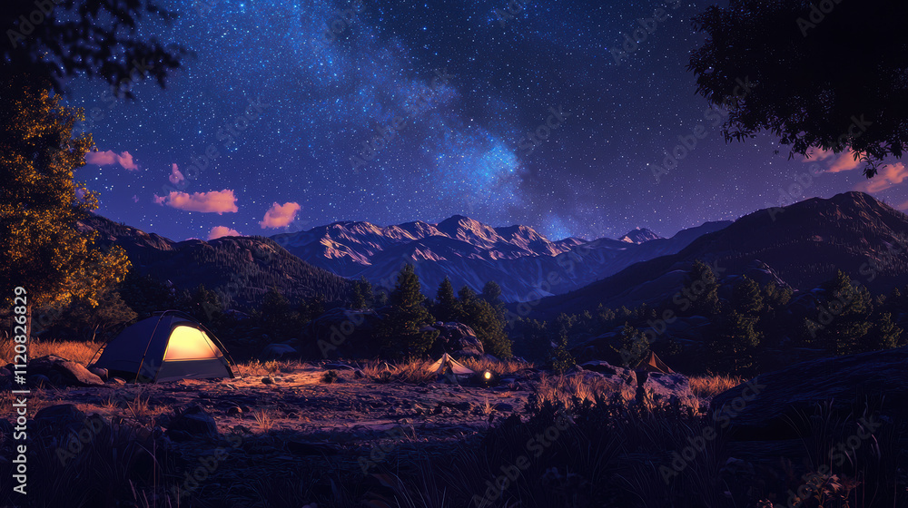Naklejka premium serene camping scene under starry sky, featuring tent surrounded by mountains and trees, evoking sense of adventure and tranquility