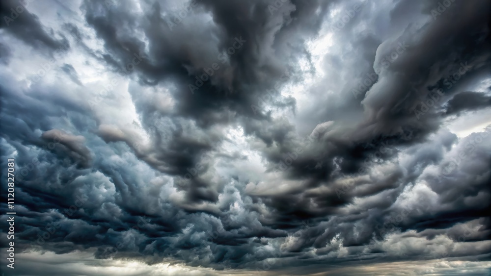 Obraz premium Cloudy gray sky with thick dense clouds, overcast, atmosphere, weather, stormy, gloomy, dark, background, climate, nature