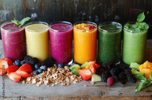 A vibrant and colorful display of fresh fruits, granola, smoothies, and juice in small bowls on an old wooden table