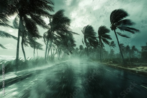 Palm trees swaying in the wind along a coastal road during a hurricane, heavy rain and strong winds, high-speed photography capture. photo