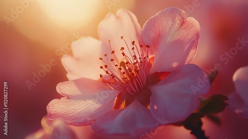 Delicate macro closeup of a blooming cherry blossom, soft pink hues and gentle focus, warm sunlight highlighting petals