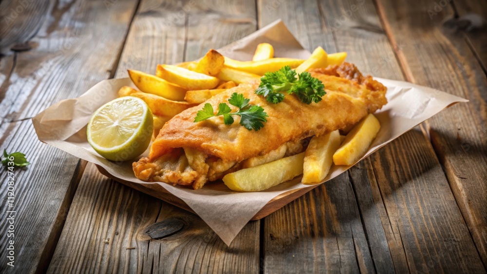 Classic British dish of fish and chips served in a paper wrapper, seafood, fried, meal, British, traditional, takeaway, crispy Classic British dish of fish and chips served in a paper wrapper, seafood, fried, meal, British, traditional, takeaway, crispy