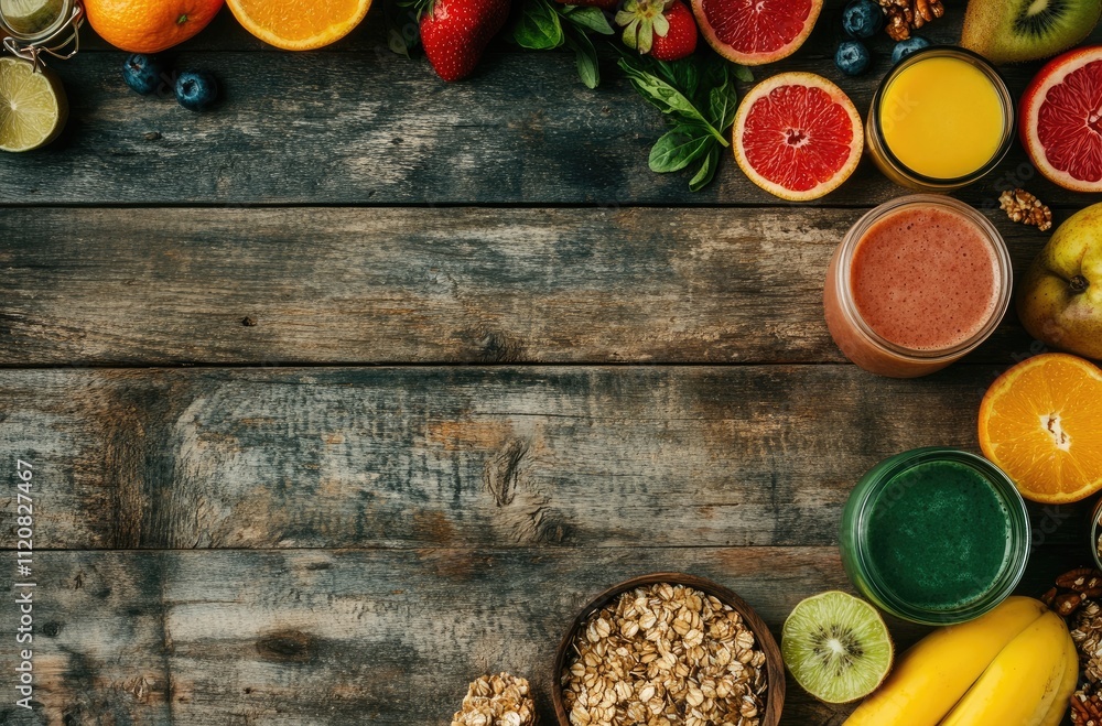 A vibrant and colorful display of fresh fruits, granola, smoothies, and juice in small bowls on an old wooden table A vibrant and colorful display of fresh fruits, granola, smoothies, and juice in small bowls on an old wooden table