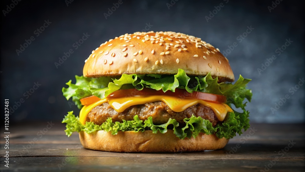 Delicious burger with juicy patty, crispy lettuce, melted cheese, and tangy sauce on a sesame seed bun, burger, tasty, fresh Delicious burger with juicy patty, crispy lettuce, melted cheese, and tangy sauce on a sesame seed bun, burger, tasty, fresh