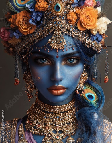 Krishna Janmashtami Celebration Blue Skinned God with Floral Headdress and Peacock Feathers Digital Art photo