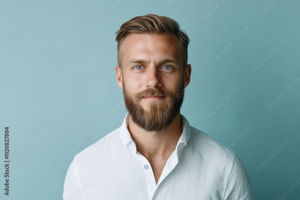 Obraz premium Confident Young Man with Beard Posing Against a Soft Blue Background