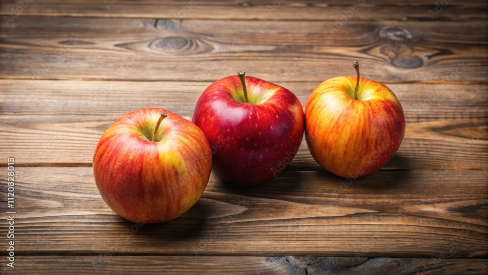 Three ripe apples on a wooden surface, fruit, healthy, fresh, red, green, delicious, snack, organic, harvest, natural, food Three ripe apples on a wooden surface, fruit, healthy, fresh, red, green, delicious, snack, organic, harvest, natural, food