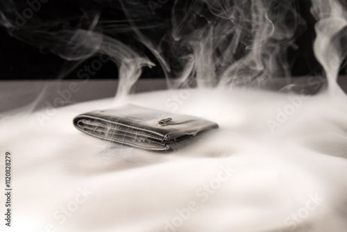 black leather wallet resting on a dark backdrop, surrounded by swirling smoke. Money appears to be burning, symbolizing fleeting wealth and the transient nature of material possessions