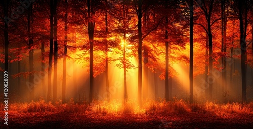 Majestic Autumn Forest with Sunlight Filtering Through Vibrant Orange and Red Leaves