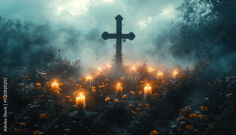 Serene Graveyard Scene at Dusk with Cross and Candles in Cemetery Serene Graveyard Scene at Dusk with Cross and Candles in Cemetery