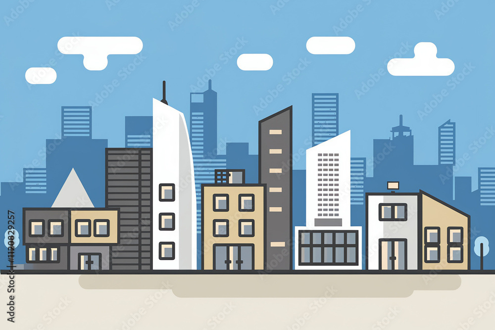 Modern city skyline with diverse architectural styles under a clear blue sky Modern city skyline with diverse architectural styles under a clear blue sky