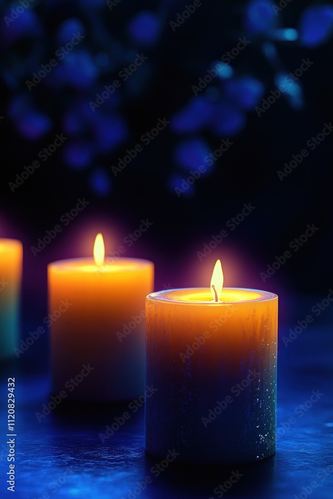 Glowing candles in dark setting with warm light and shadows for reflection and peace Glowing candles in dark setting with warm light and shadows for reflection and peace