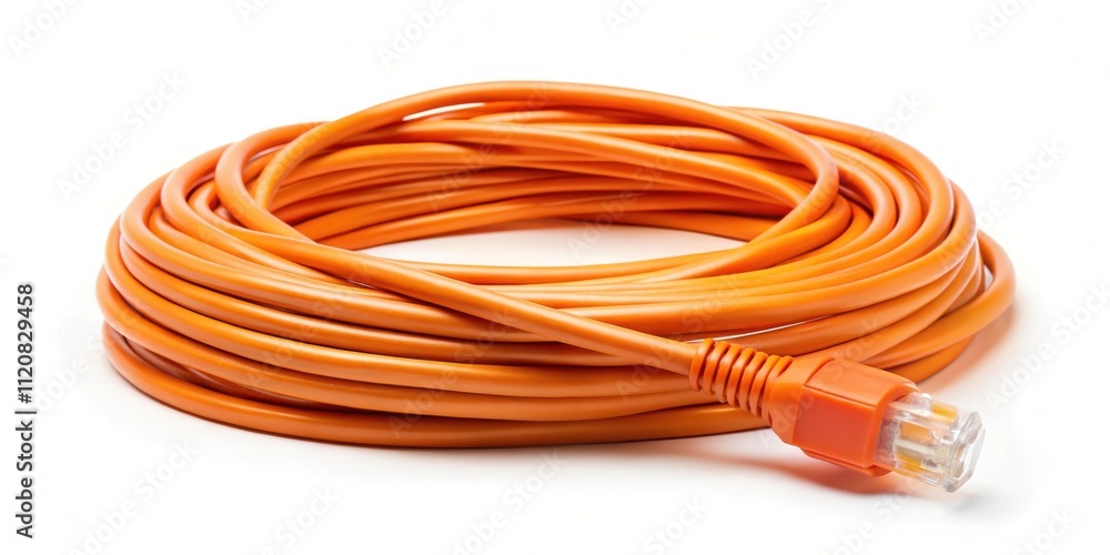Orange cable lying on white background, technology, connection, data, electric, wire, internet, network Orange cable lying on white background, technology, connection, data, electric, wire, internet, network