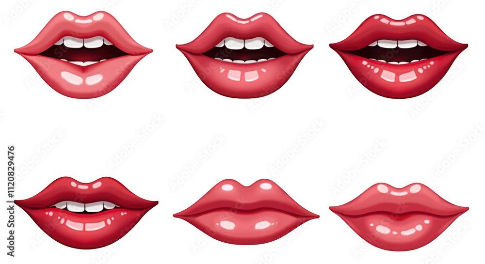 Glossy Red Lips Illustration Set with Transparent Background for Design Projects and Overlays Glossy Red Lips Illustration Set with Transparent Background for Design Projects and Overlays