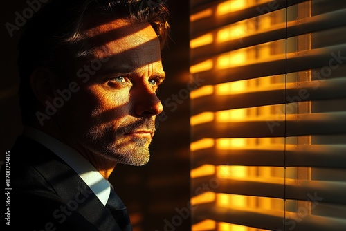 Businessman Contemplating Failure and Regret in Office Shadows and Light photo