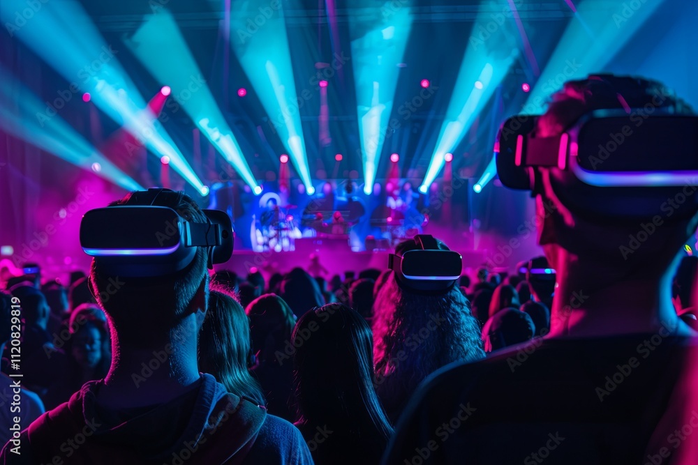 Spectators engage with virtual reality during an electrifying music performance in a vibrant venue. Generative AI Spectators engage with virtual reality during an electrifying music performance in a vibrant venue. Generative AI