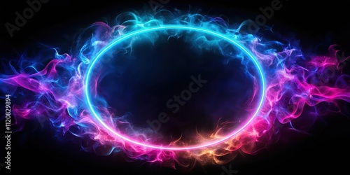 Abstract neon ring frame on a black background with blue-pink light effects, burning fire and smoke, neon, ring