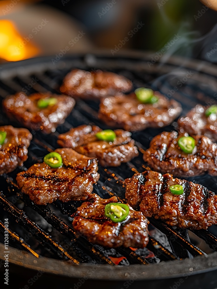 Close-up of Juicy Grilled Beef Patties with Sizzling Peppers on a Charcoal Grill. Close-up of Juicy Grilled Beef Patties with Sizzling Peppers on a Charcoal Grill.