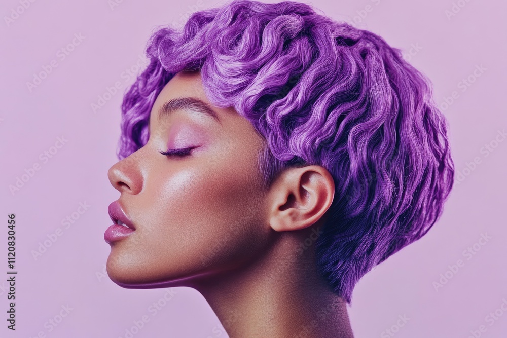 A model with purple hair styled in an edgy pixie cut, showcasing the vibrant color and modern style of their hairstyle against a solid background. A model with purple hair styled in an edgy pixie cut, showcasing the vibrant color and modern style of their hairstyle against a solid background.