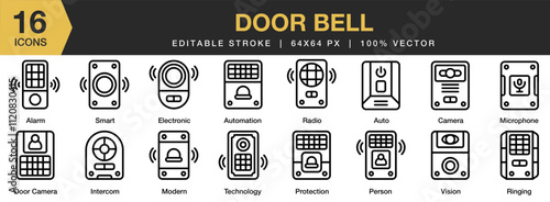 Door Bell icon set. Editable Stroke Icon Collection. Includes Door, Alarm, Alert, Bell, Sensor, Ring, Smart Home, and More. Outline icons vector collection.
