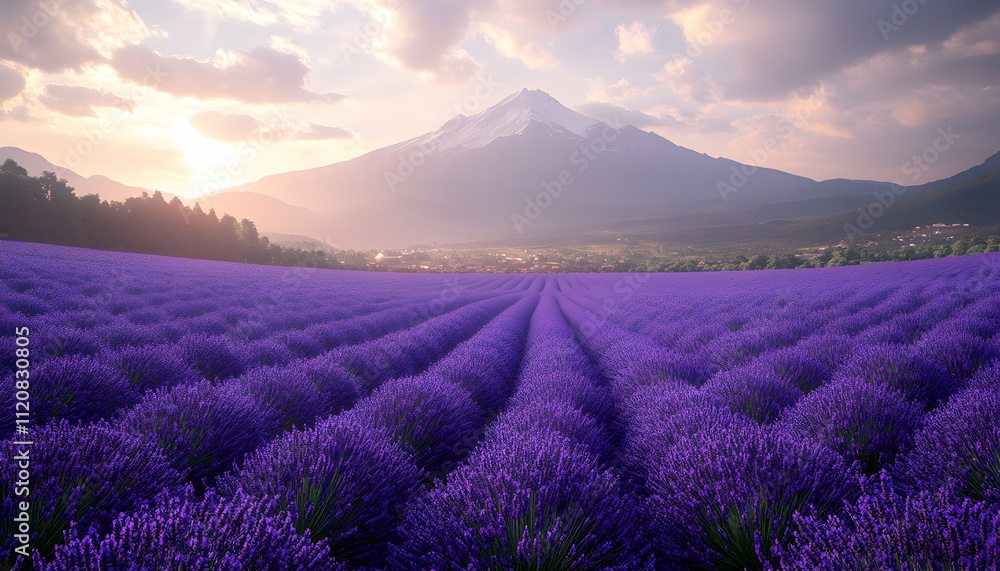 Majestic sunrise over a vast lavender field with a mountain in the background. Majestic sunrise over a vast lavender field with a mountain in the background.