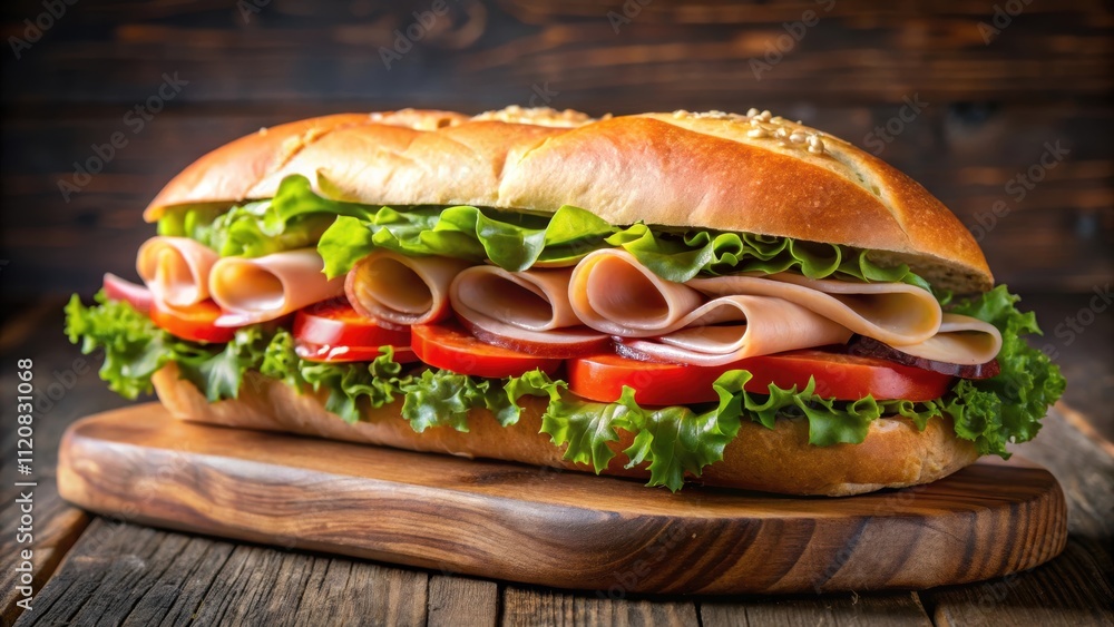 Delicious submarine sandwich made with turkey and black forest ham , sandwich, submarine, turkey, black forest ham, deli, meat Delicious submarine sandwich made with turkey and black forest ham , sandwich, submarine, turkey, black forest ham, deli, meat