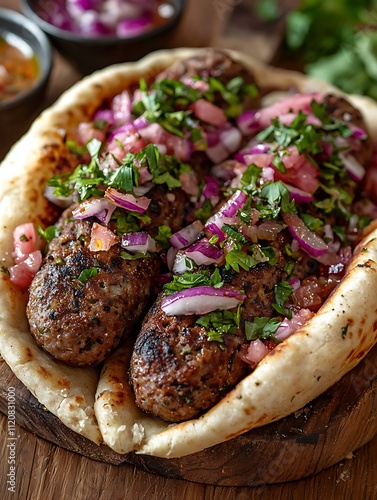 Grilled Kofta Kebabs in Pita Bread with Red Onion and Parsley Salad.