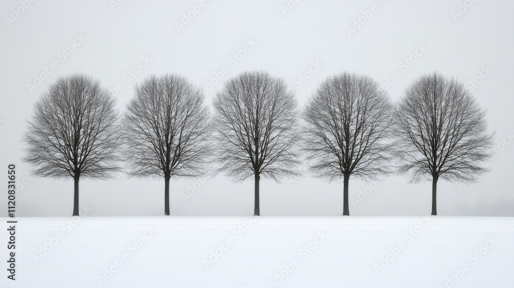 Fototapeta premium Five Bare Trees Standing in Snowy Field Under Gray Sky in Winter Season