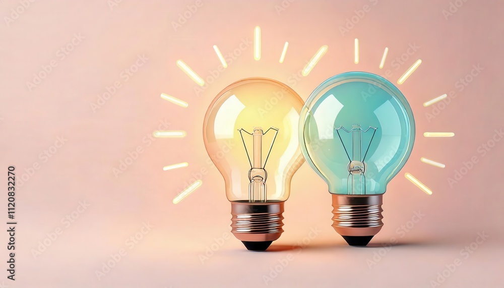 Two light bulbs glowing in different colors against a soft background. Two light bulbs glowing in different colors against a soft background.