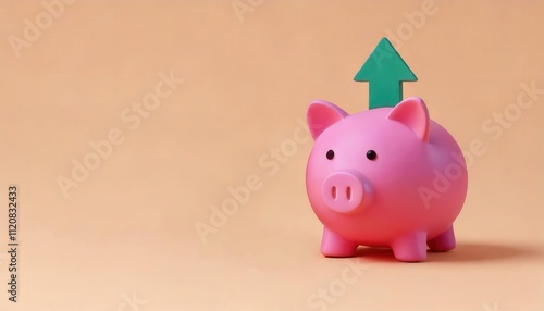 Piggy bank with growth arrow on a soft background.