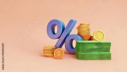3D percentage symbol with coins and banknotes on a pastel background.