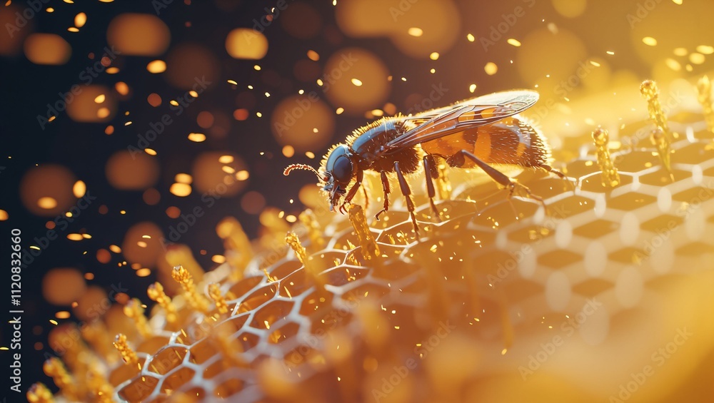 A mesmerizing close-up of a bee working diligently among golden pollen, showcasing the beauty of nature and the vital role of pollinators in ecosystems, set against a shimmering background. A mesmerizing close-up of a bee working diligently among golden pollen, showcasing the beauty of nature and the vital role of pollinators in ecosystems, set against a shimmering background.