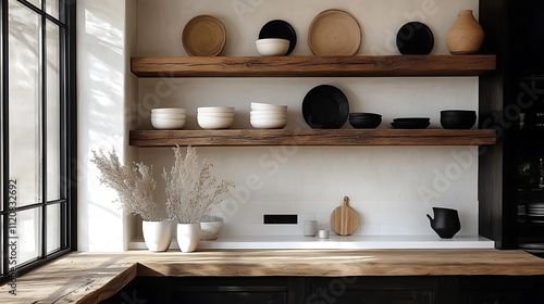 A bright farmhouse-style kitchen with floating open wooden shelves, simple ceramic dishes in a neutral palette, white subway tile backsplash, sleek counters,