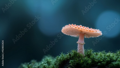 A stunning close-up of a delicate mushroom standing tall on a vibrant green moss carpet, set against a blurred blue background that adds to its ethereal beauty.