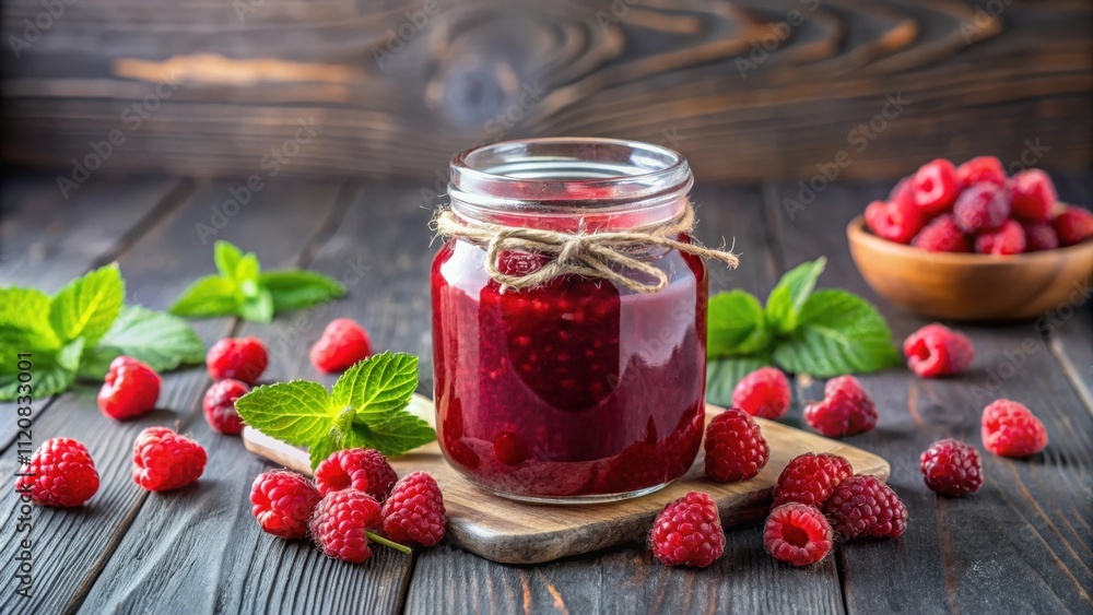 Homemade raspberry jam in a glass jar with fresh raspberries on the side , homemade, raspberry, jam, preserves, jar, glass Homemade raspberry jam in a glass jar with fresh raspberries on the side , homemade, raspberry, jam, preserves, jar, glass