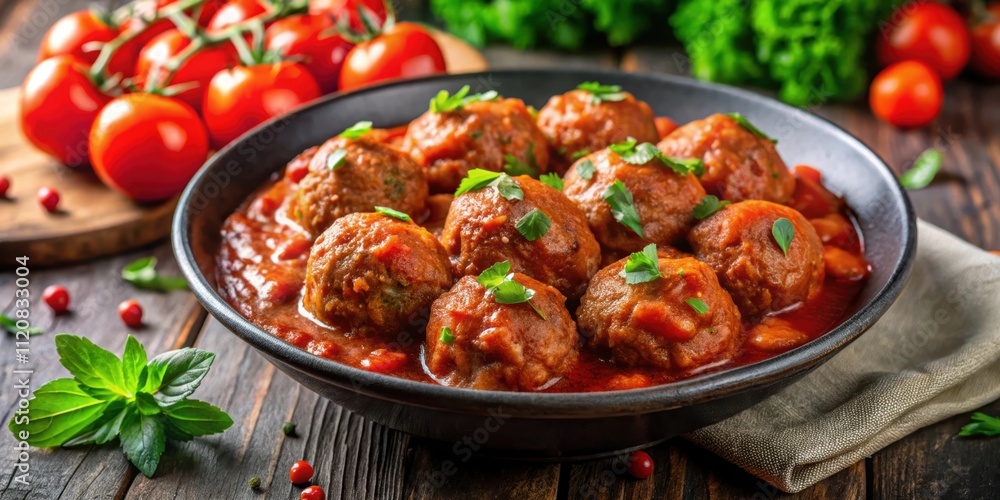 Delicious meatballs in a rich tomato sauce ready to be savored, meatballs, food, Italian, cuisine, savory, delicious, homemade Delicious meatballs in a rich tomato sauce ready to be savored, meatballs, food, Italian, cuisine, savory, delicious, homemade