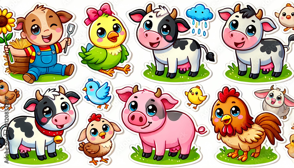 Fototapeta premium Cute pre-school Sticker sets, animals, Fish, reptiles, Farm animals, pets, bears, jellyfish, rabbit vectors illustation for kids