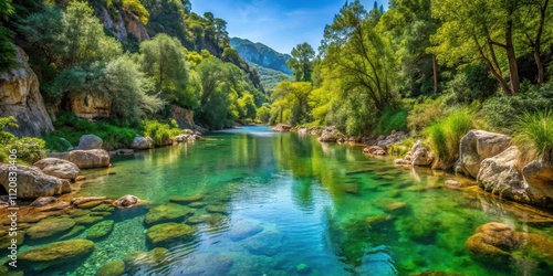 Serene river flowing through Siagnole Gorge in the French Riviera close to Grasse village, Siagnole Gorge